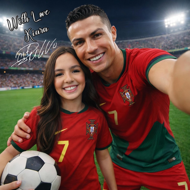 May include: A selfie featuring a smiling soccer player and a young girl, both wearing red jerseys with the number 7 and a crest. The girl holds a soccer ball. The image includes the text "With Love Kiara" and a signature.
