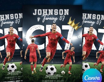 Invitación de cumpleaños de Ronaldo, invitación de CR7, invitación editable de Ronaldo, invitación de fútbol, plantilla de Canva, descarga instantánea, para cualquier edad