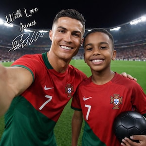 May include: Two people wearing red and green soccer jerseys with the number 7 and a crest. The jerseys have white Nike logos. The image includes the text "With Love James" and a signature.
