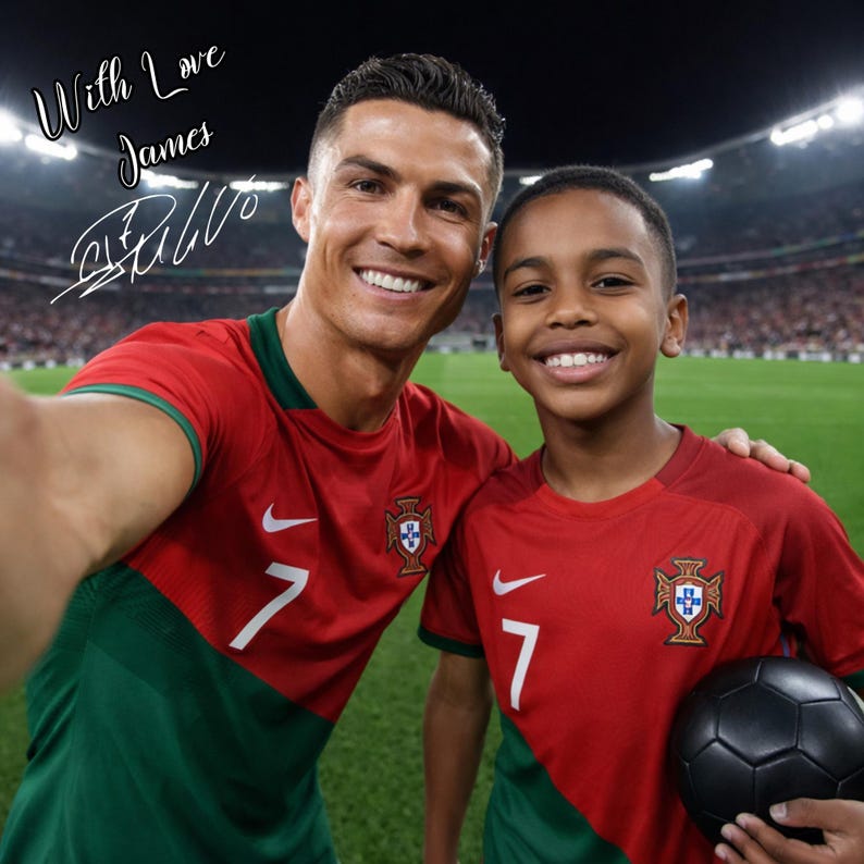 May include: Two people wearing red and green soccer jerseys with the number 7 and a crest. The jerseys have white Nike logos. The image includes the text "With Love James" and a signature.