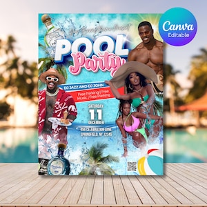 May include: A promotional poster for a pool party, featuring the words "POOL Party" in large, colorful letters. The poster includes images of people, bottles of alcohol, and the date and location of the event. The Canva logo is visible in the upper right corner.
