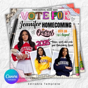 Op de afbeelding: Een aanpasbare homecoming-campagnetemplate met de tekst "Stem op Jennifer Homecoming Queen 2025". Het ontwerp bevat foto's, een potlood en het Canva-logo. De tekst "Stem op 14/August" is ook opgenomen.