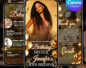 Elegant Lux Gold Birthday Dinner Invitation: Editable Canva Template (Digital Download)