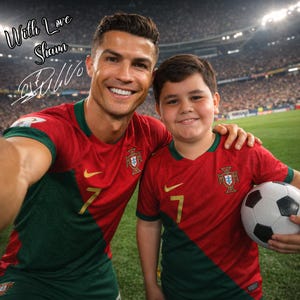 May include: A selfie featuring two people wearing red and green soccer jerseys with the number 7. One person holds a soccer ball. The jerseys have a crest and the Nike logo. The image has the text "With Love Shawn" and a signature.