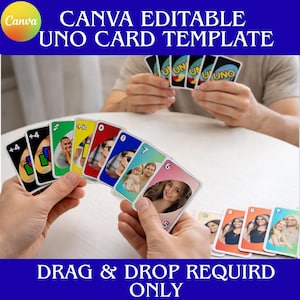 May include: A person holding a hand of custom Uno cards with photos. The cards are in various colors, including green, yellow, red, and blue. The text "CANVA EDITABLE UNO CARD TEMPLATE" and "DRAG & DROP REQUIRD ONLY" are displayed.
