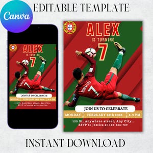 Ronaldo verjaardagsuitnodiging, CR7-uitnodiging, bewerkbare Ronaldo-uitnodiging, voetbaluitnodiging, canvassjabloon, instant download, ELKE LEEFTIJD