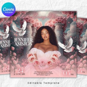 May include: A memorial invitation template with a woman in a pink dress, roses, and doves. The text says "In the Loving Memory of Jennifer Aniston" with event details. The Canva Editable template has a soft, romantic design, with a pink and white colour scheme.