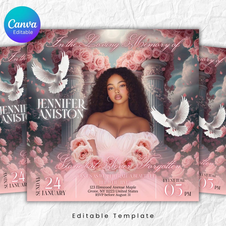 May include: A memorial invitation template with a woman in a pink dress, roses, and doves. The text says "In the Loving Memory of Jennifer Aniston" with event details. The Canva Editable template has a soft, romantic design, with a pink and white colour scheme.