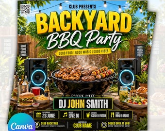 Backyard BBQ Party Flyer Canva Template: Editable Summer Cookout Invitation (Digital Download)
