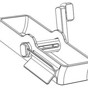 May include: A black and white line drawing of a manual kitchen tool featuring a rectangular hopper, a side-mounted hand crank with a knob, and a lower discharge chute. The device has a mechanical internal mechanism visible within the main housing.