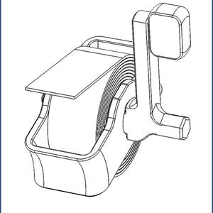 May include: A black and white line drawing of a manual tape dispenser. The device features a central spool holding a roll of tape, a rectangular housing base, and a side-mounted crank handle with a square grip for rotating the internal mechanism.