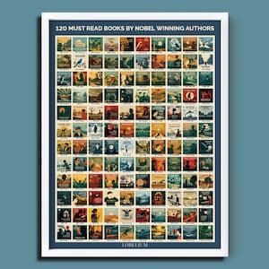 Cartaz Literário Personalizado – 120 Livros Imperdíveis do Prêmio Nobel, Arte de Parede, Presente para Amantes de Livros e Desafio de Leitura em Azul