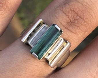 Handmade Afghan Green Tourmaline Ring: Unisex Silver Jewelry, Size 20