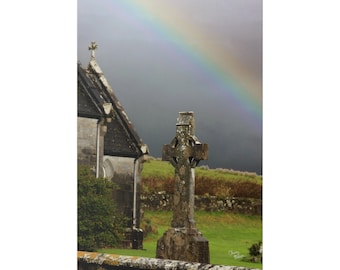 Canvas Art Print - Rainbow Celtic Cross Photograph; Irish church art, Celtic cross wall decor, Ireland landscape photography print
