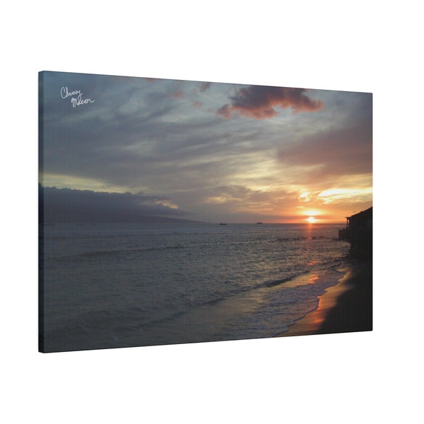 Ocean Sunset Photo, blue sunset over water art print, Hawaii wall art, golden sunset over ocean photograph, Maui Photography Canvas Print