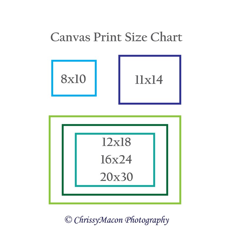May include: A chart showing different canvas print sizes. The sizes are 8x10, 11x14, 12x18, 16x24, and 20x30. The chart is labeled "Canvas Print Size Chart" and "ChrissyMacon Photography".