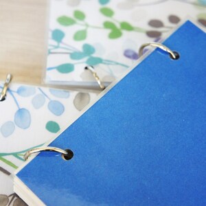 May include: Close-up of several small notebooks with metal ring bindings. The top notebook is a solid blue, while others display a watercolor floral pattern in shades of green, blue, and gray. The notebooks are on a light wooden surface.