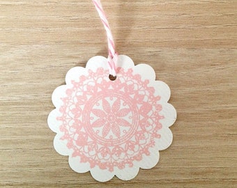 Doily Gift Tags  Round pale pink scallop edged favour tags - Hang Tag for Gifting - Scrapbooking - Crafting - Birthdays -Presents -Set of 10