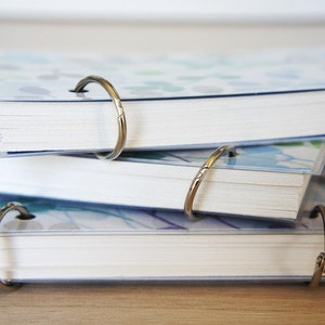 May include: Several small notebooks with white pages and floral patterned covers are stacked. Each notebook is bound with a gold-colored metal ring. The covers feature a blue and green floral design. The notebooks are on a light-colored wooden surface.