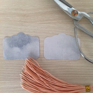 May include: A craft image featuring a pair of silver scissors, two cloud-shaped paper cutouts, and a peach-colored tassel. The scissors are open, and the tassel is tied with a gold-colored band. The paper cutouts have a cloudy design.