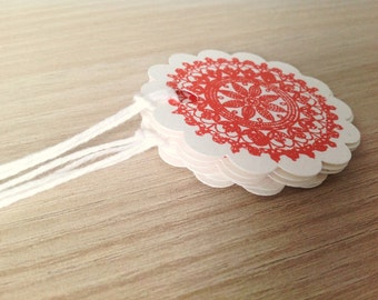 Red Doily Gift Tags | Red Lace - Round Gift Tag | Favour Tags | 5.1cm |Scallop Hang Tag | Scrapbooking | Crafting | Set of 10