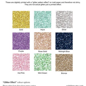 May include: Nine glitter effect colour swatches in gold, aqua, silver, purple, rose gold, midnight blue, hot pink, mint green, and bronze. Text at the top reads "PLEASE NOTE BEFORE YOU PURCHASE". The text below the swatches reads "Glitter Effect" colour options.
