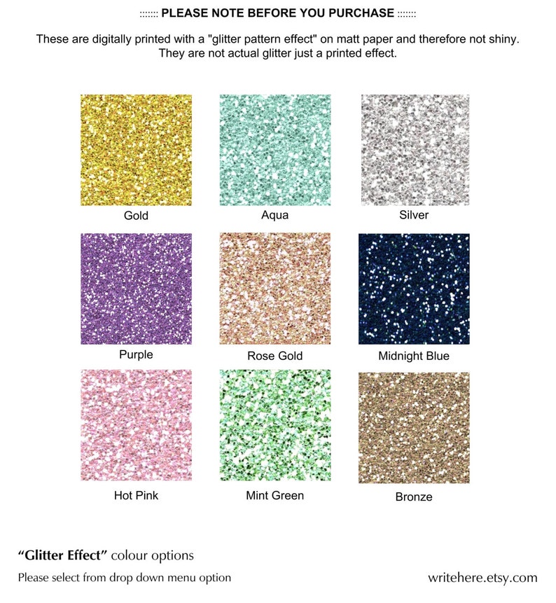 May include: Nine glitter effect colour swatches in gold, aqua, silver, purple, rose gold, midnight blue, hot pink, mint green, and bronze. Text at the top reads "PLEASE NOTE BEFORE YOU PURCHASE". The text below the swatches reads "Glitter Effect" colour options.