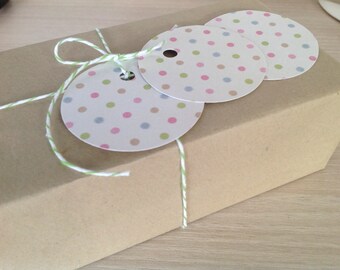 2" round polka dot gift tags, pink, blue, green, taupe, white on back, classic style gift tag, Hang Tag, Scrapbooking, Crafting, Set of 10