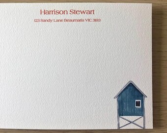 NC165: Beach Hut note cards/ Fishing Hut / Gifts for her, him, anyone / Personalised note cards  / Holidays / Stationery sets of 10