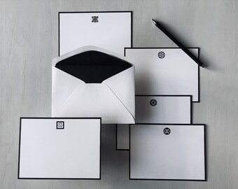 Black bordered Asian motif note cards with black lined envelopes Set of 10 - Gifts for him/her | Colours: Grey, Navy Blue or Black  NC41