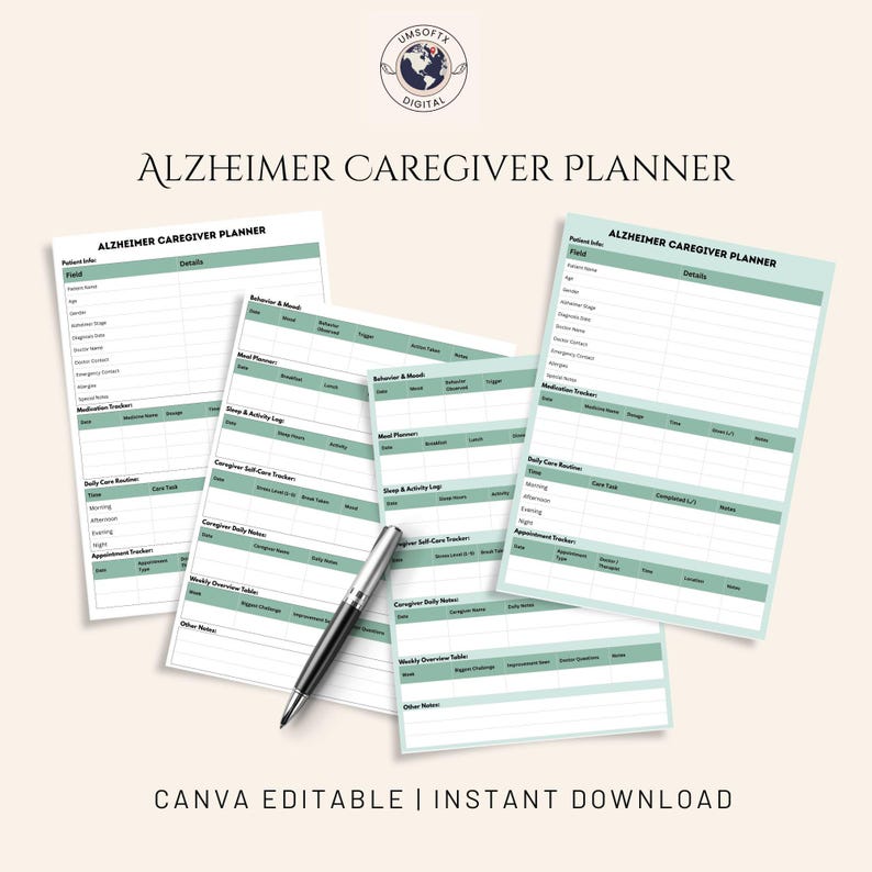 Alzheimer Caregiver Planner Printable PDF Dementia Organizer Medication