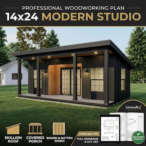 14x24 Modern Studio Plans: Backyard She Shed, Guest House & Home Office Blueprint PDF