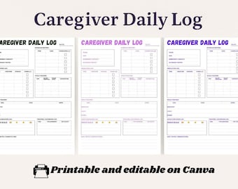 Caregiver Daily Log | Elderly Care Log Printable Medical Organizer (PDF)