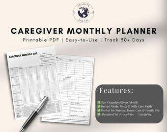 Caregiver Monthly Planner Printable PDF | Elderly Home Health Care Tracker Log, Family & Professional Caregiving