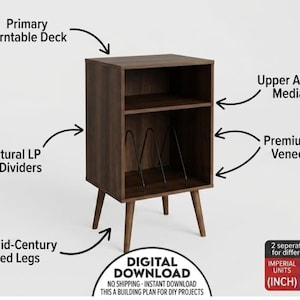 May include: A dark brown walnut veneer record player stand featuring a primary turntable deck, an upper media shelf, and structural LP arch dividers. The unit is supported by four tapered legs and includes text labels for DIY building plans.