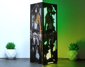 Lámpara de noche LED artesanal de E.ren, Mi.kasa y Le.vi – Lámpara de madera del anime Att.ack on Ti.tan – Lámpara de caja para fans de A.O.T., decoración de dormitorio o escritorio