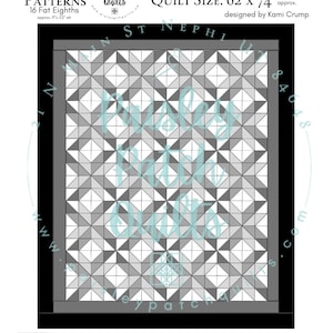 May include: A quilt pattern titled "Constelltion" by Kami Crump. The quilt size is approximately 157 cm x 188 cm. The pattern features a geometric design in shades of grey and white. The pattern also includes "Mini Patterns" and "16 Fat Eighths" information.