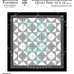 Puede incluir: Un patrón de edredón titulado "Broken Dishes" de Kami Crump. El diseño presenta un patrón geométrico de triángulos grises y blancos. El tamaño del edredón es de aproximadamente 183 cm x 183 cm. El patrón incluye 16 fat eighths, cada uno de aproximadamente 23 cm x 56 cm.