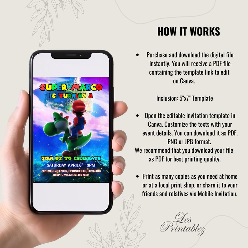 Invitación de cumpleaños editable de Mario Galaxy, invitación para fiesta de cumpleaños de Super Mario, invitación imprimible de la película Mario Galaxy 2026, descarga instantánea. imagen 4