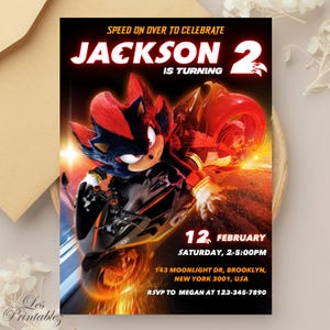 Invito di compleanno modificabile a tema Shadow, invito di compleanno a tema Shadow the Hedgehog, invito di compleanno per bambini stampabile, festa a tema Sonic the Hedgehog 3