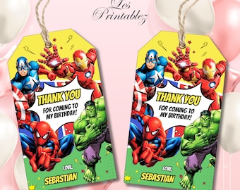 Etichetta modificabile per bomboniere di compleanno a tema supereroi, etichetta di ringraziamento a tema supereroi, etichetta regalo di compleanno per bambini a tema Avengers, etichetta di ringraziamento stampabile a tema supereroi
