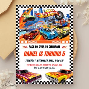 Faire-part modifiable Voitures de sport, Invitation Hot Wheels, Modèle d'anniversaire de voitures de course chaudes, Modèle Hot Wheels, Faire-part d'anniversaire d'enfants modifiable