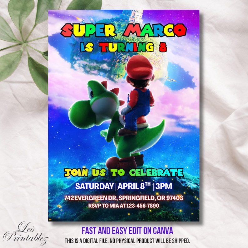 Invitación de cumpleaños editable de Mario Galaxy, invitación para fiesta de cumpleaños de Super Mario, invitación imprimible de la película Mario Galaxy 2026, descarga instantánea. imagen 3