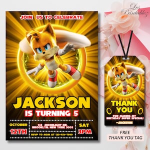Bearbeitbare Miles Tails Prower Geburtstagseinladung, Tails Sonic The Hedgehog Geburtstag einladen, druckbare Sonic The Hedgehog 3 Partyeinladung