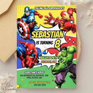 Bewerkbare superhelden verjaardagsuitnodiging, superheld verjaardagsuitnodiging, afdrukbare Avengers superheld uitnodigingskaart, Avengers verjaardagsfeestje