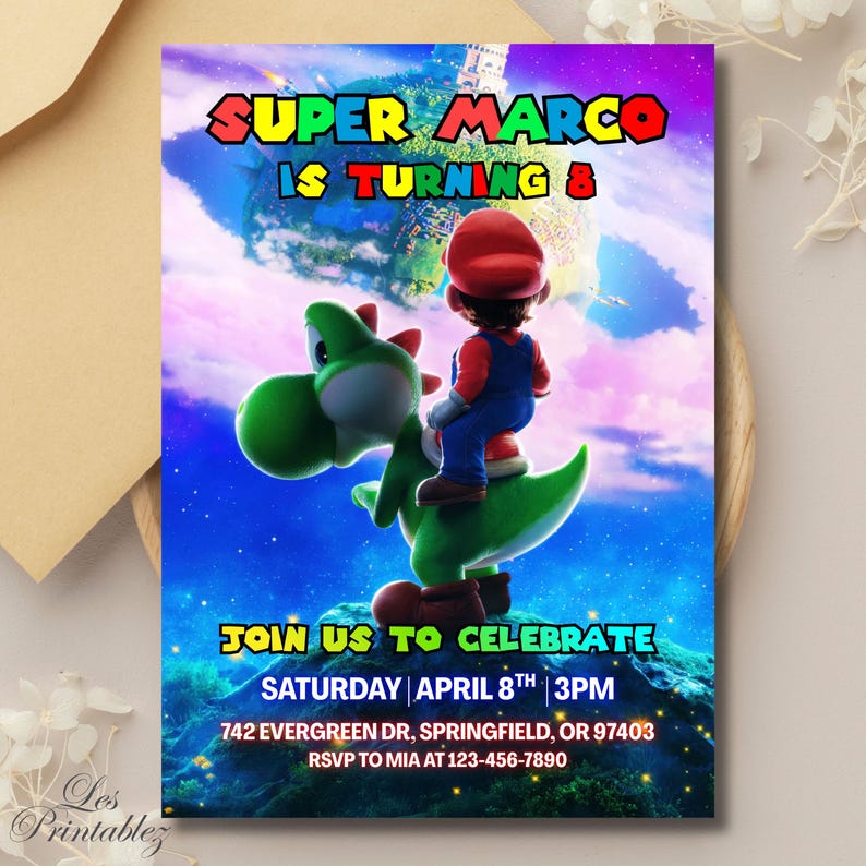 Invitación de cumpleaños editable de Mario Galaxy, invitación para fiesta de cumpleaños de Super Mario, invitación imprimible de la película Mario Galaxy 2026, descarga instantánea. imagen 1