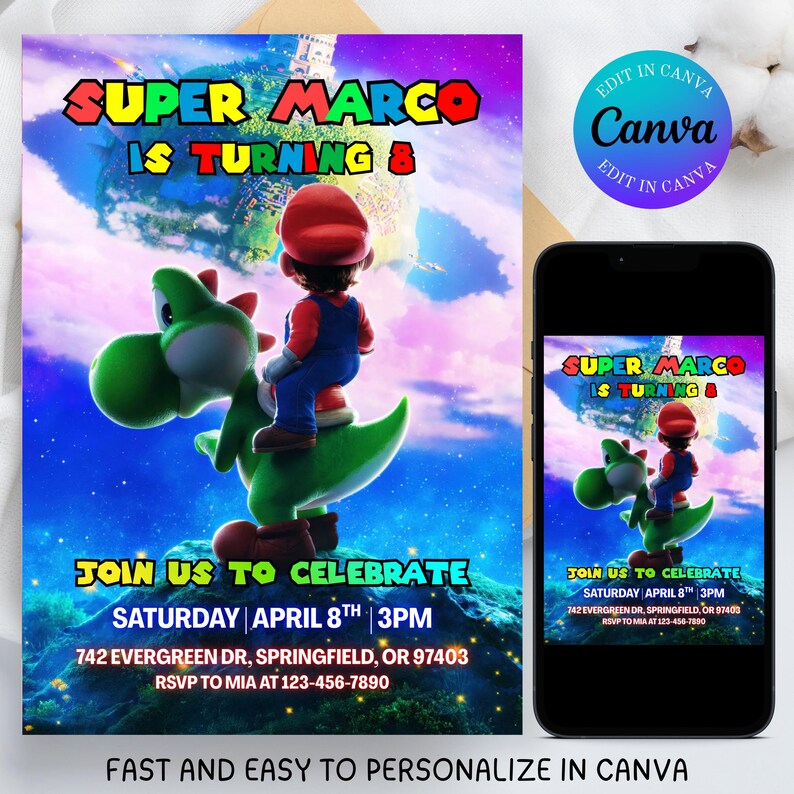 Invitación de cumpleaños editable de Mario Galaxy, invitación para fiesta de cumpleaños de Super Mario, invitación imprimible de la película Mario Galaxy 2026, descarga instantánea. imagen 2