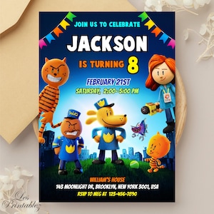 Convite de aniversário editável do Dog Man, convite do Dog Man, convite de aniversário infantil editável, convite do filme Dog Man, cartão de aniversário do Dog Man