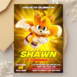 Bearbeitbare Miles Tails Prower Geburtstagseinladung, Tails Sonic The Hedgehog Geburtstag einladen, druckbare Sonic The Hedgehog 3 Partyeinladung