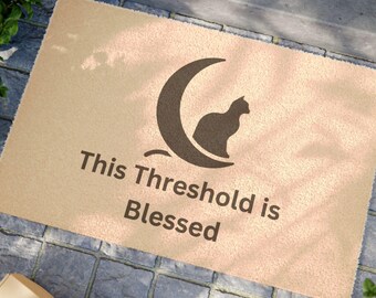 This Threshold Is Blessed - Crescent Moon Cat Doormat / Sacred Warding Welcome Mat / Witchy Home Decor